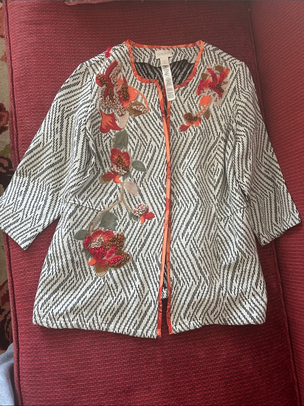 Chico's White & Black Patterned Jacket with Coral Floral Embroidery
